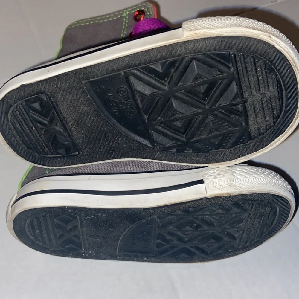 Converse All Star gray, orange, neon green, and purple high top sneakers size 5